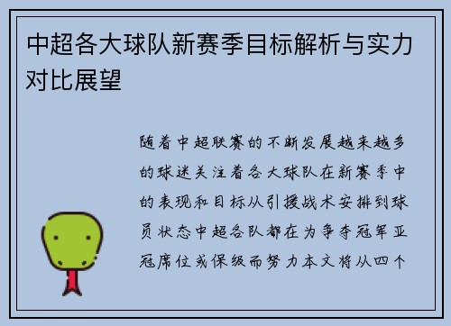 中超各大球队新赛季目标解析与实力对比展望