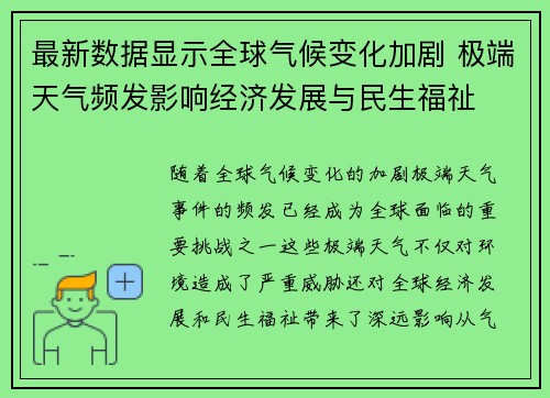 最新数据显示全球气候变化加剧 极端天气频发影响经济发展与民生福祉