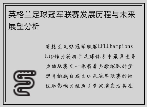 英格兰足球冠军联赛发展历程与未来展望分析